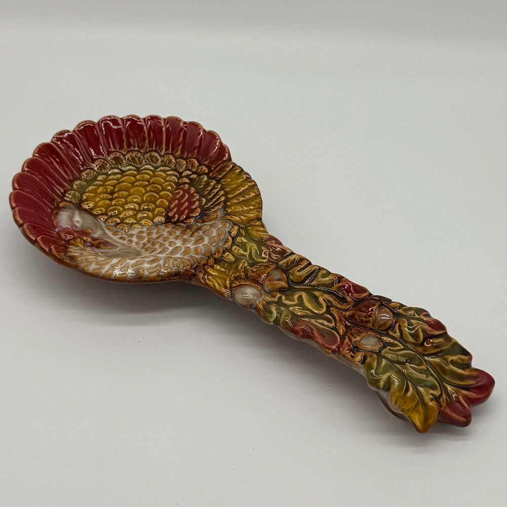 Vintage Ceramic Turkey Spoon Rest 11x5 Autumn Oak Leaf Handle Thanksgiving Food